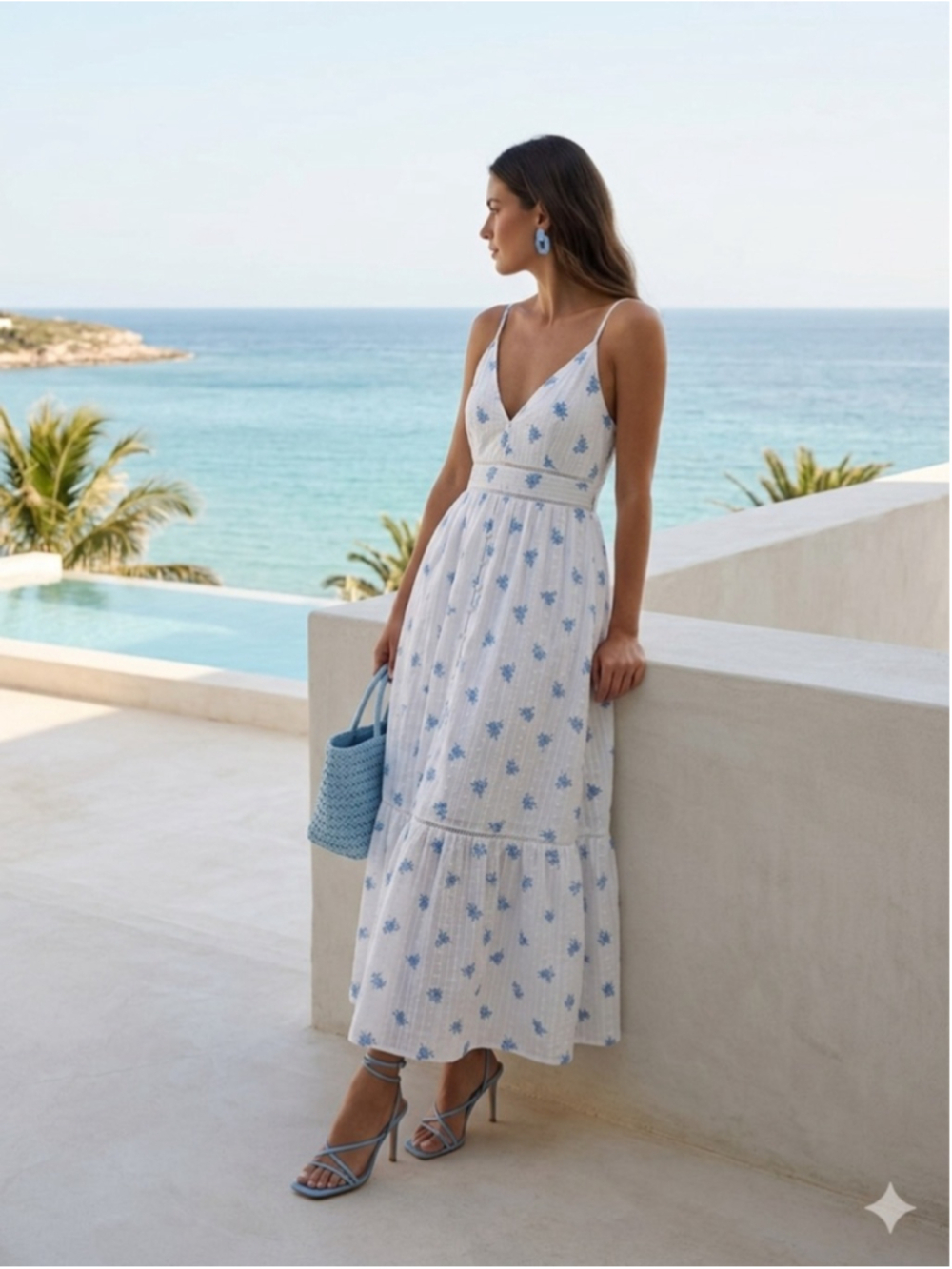 Simplee Cotton Eyelet Maxi Dress L Blue Floral Coastal Resort Crochet Trim Slit